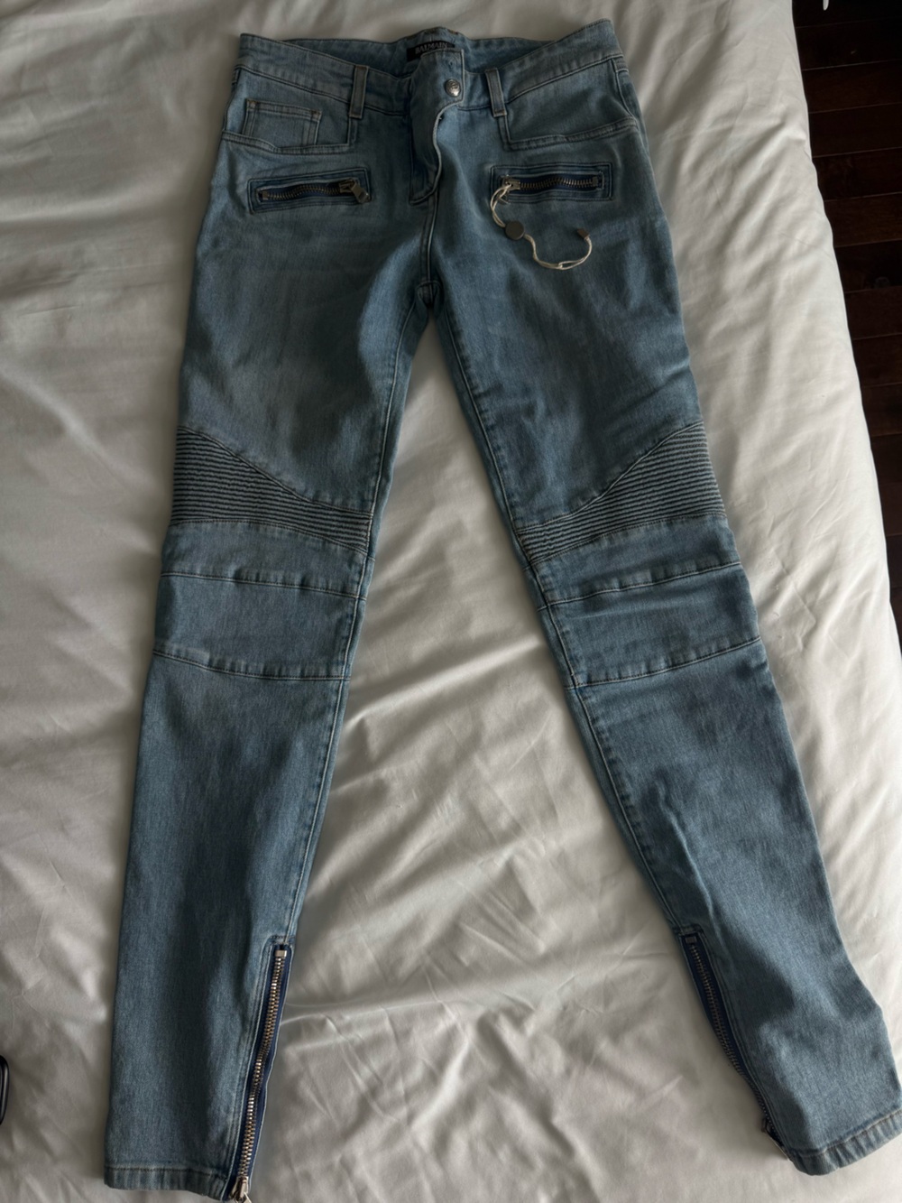 Balmain Light Blue Ribbed Moto Skinny Jeans